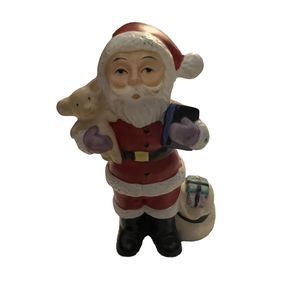 Vintage Santa Figurine 4" Red White Waving With Bag And Presents Ceramic 1970s